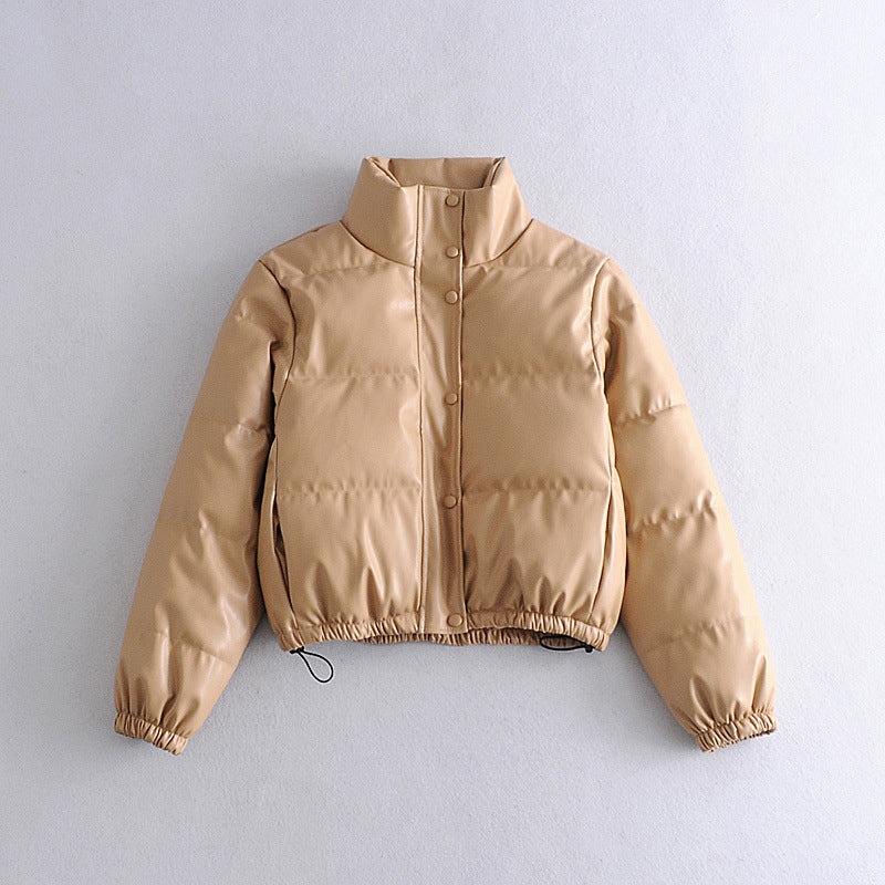 Winter Thick Warm Short Parkas Women Fashion Black PU Elegant Khaki