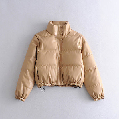 Winter Thick Warm Short Parkas Women Fashion Black PU Elegant Khaki