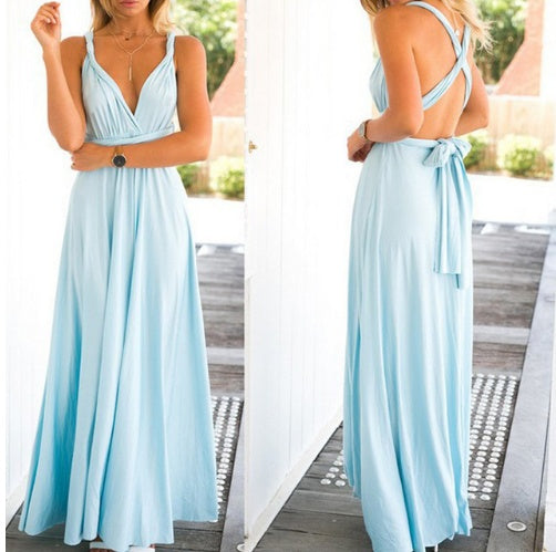 Women's Sexy Long Party Dress Club Floor-Length Summer Backless Bandage Maxi Dress Light Blue