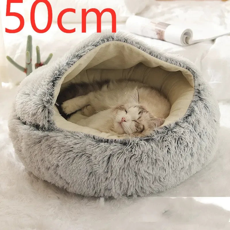 2 In 1 Dog And Cat Bed Pet Winter Bed Round Plush Warm Bed Grey50cm