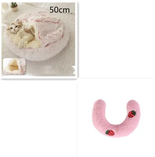 2 In 1 Dog And Cat Bed Pet Winter Bed Round Plush Warm Bed Hair Pink 50cm SetC