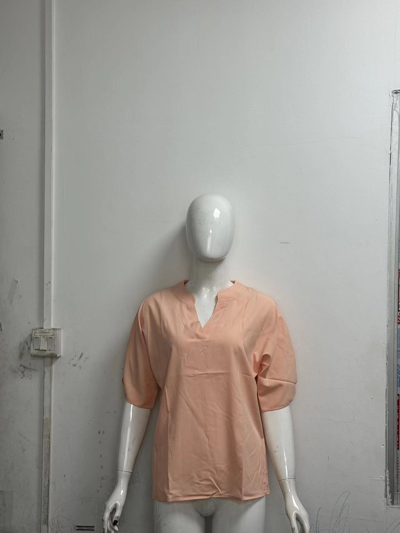 Summer Short-sleeved Chiffon Shirt New V-neck Shirt Women's Casual Versatile Clothing PinkB