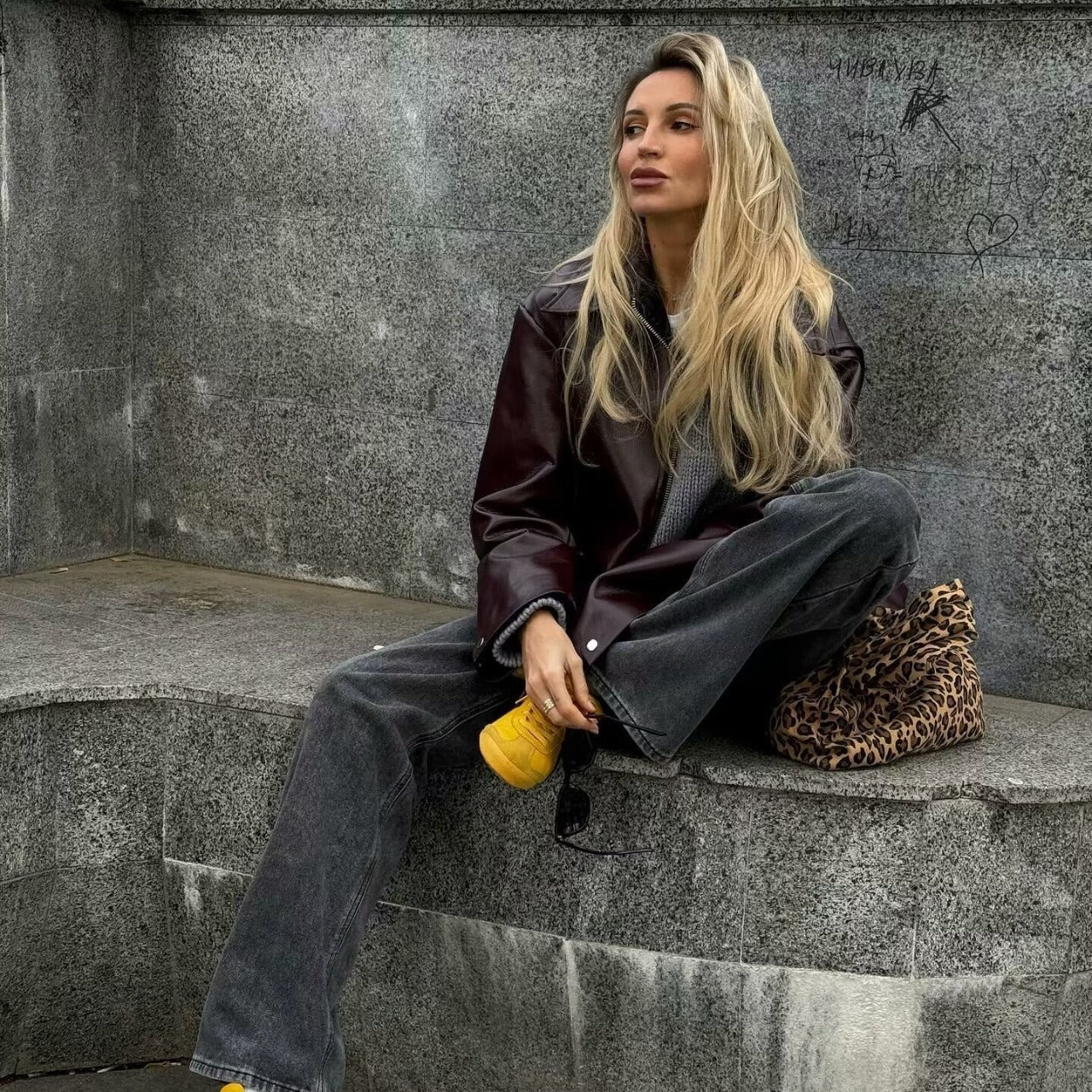 Solid Color Lapel Zipper Jacket Fashion Leather Coat Tops Women Clothing