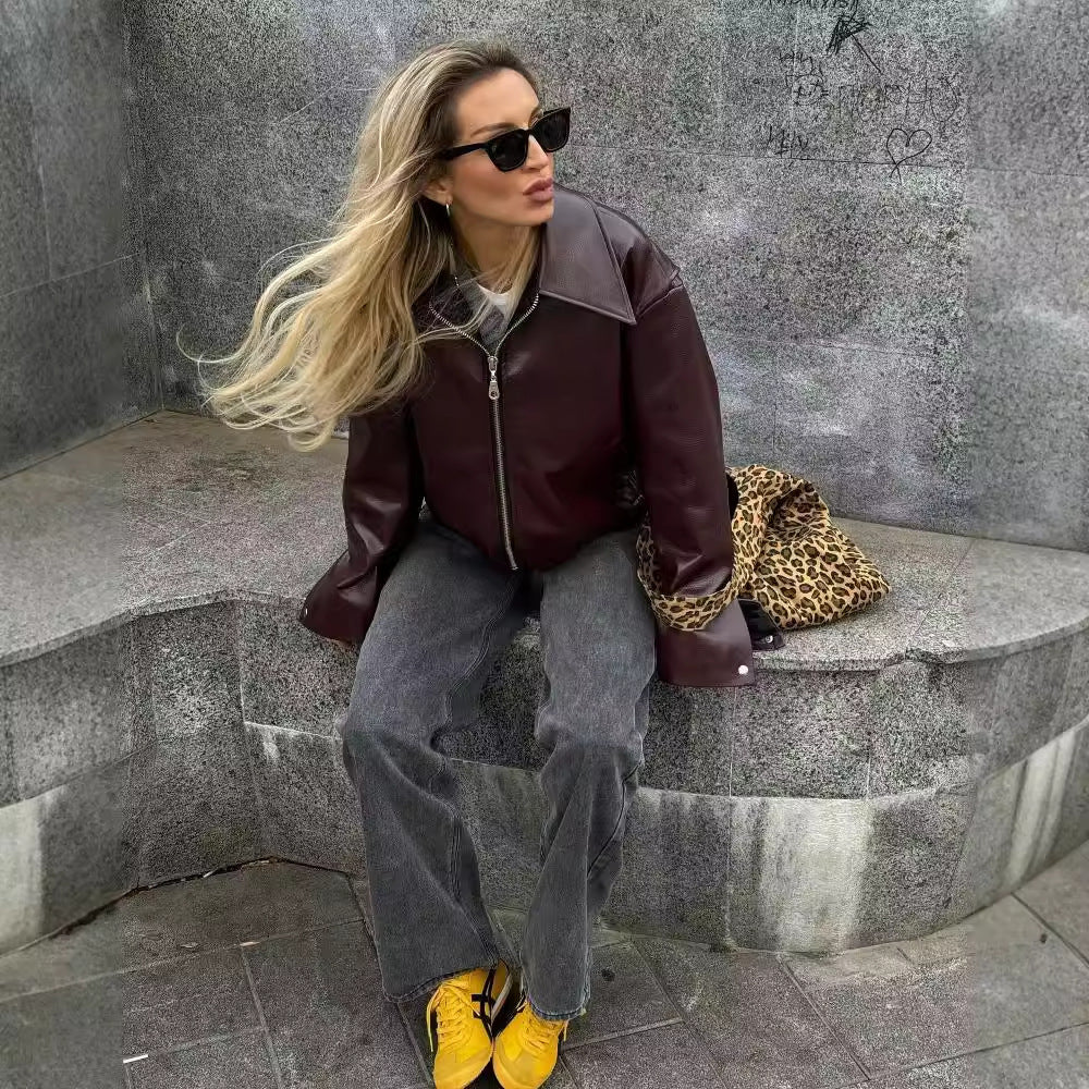 Solid Color Lapel Zipper Jacket Fashion Leather Coat Tops Women Clothing