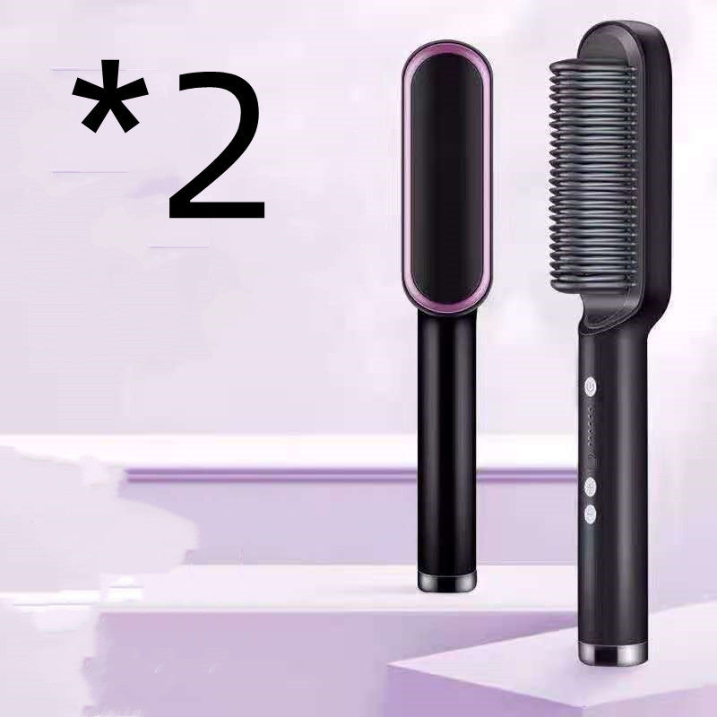 New 2 In 1 Hair Straightener Hot Comb Negative Ion Curling Electric Hair Brush 2pcs A Black US With box