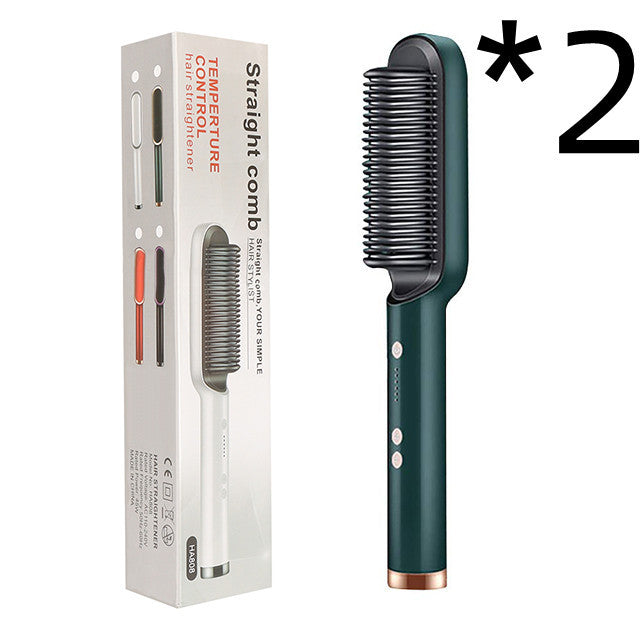 New 2 In 1 Hair Straightener Hot Comb Negative Ion Curling Electric Hair Brush 2pcs Green US With box