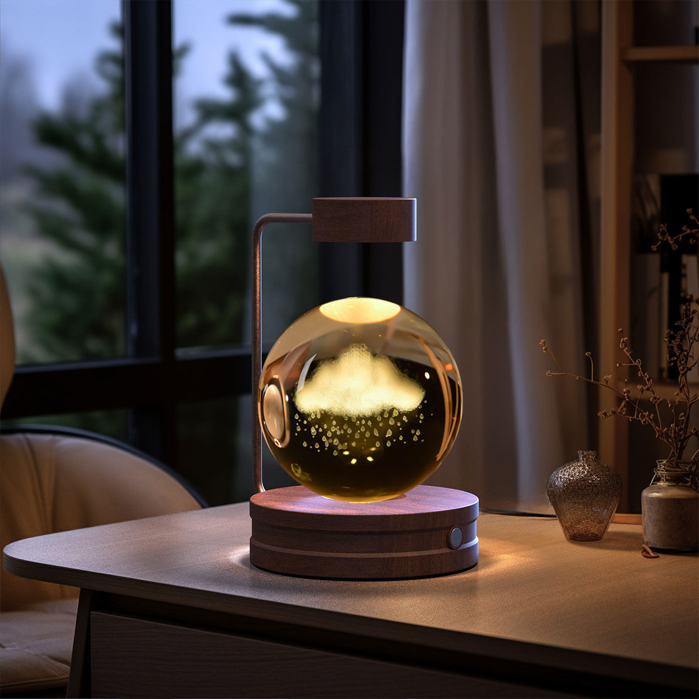 Crystal Ball Cosmic Dinosaur Indoor Night Light Rainy Clouds Dark wood