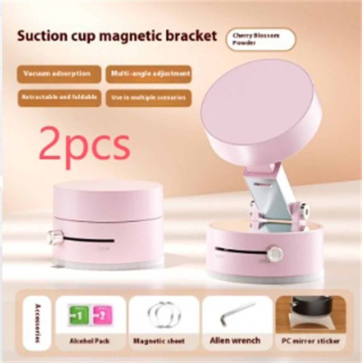 Foldable Magnetic Vacuum Car Phone Holder Foldable For Smart Phone Cherry Blossom Powder 2pcs