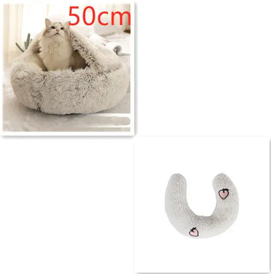 2 In 1 Dog And Cat Bed Pet Winter Bed Round Plush Warm Bed Brown50cm SetB