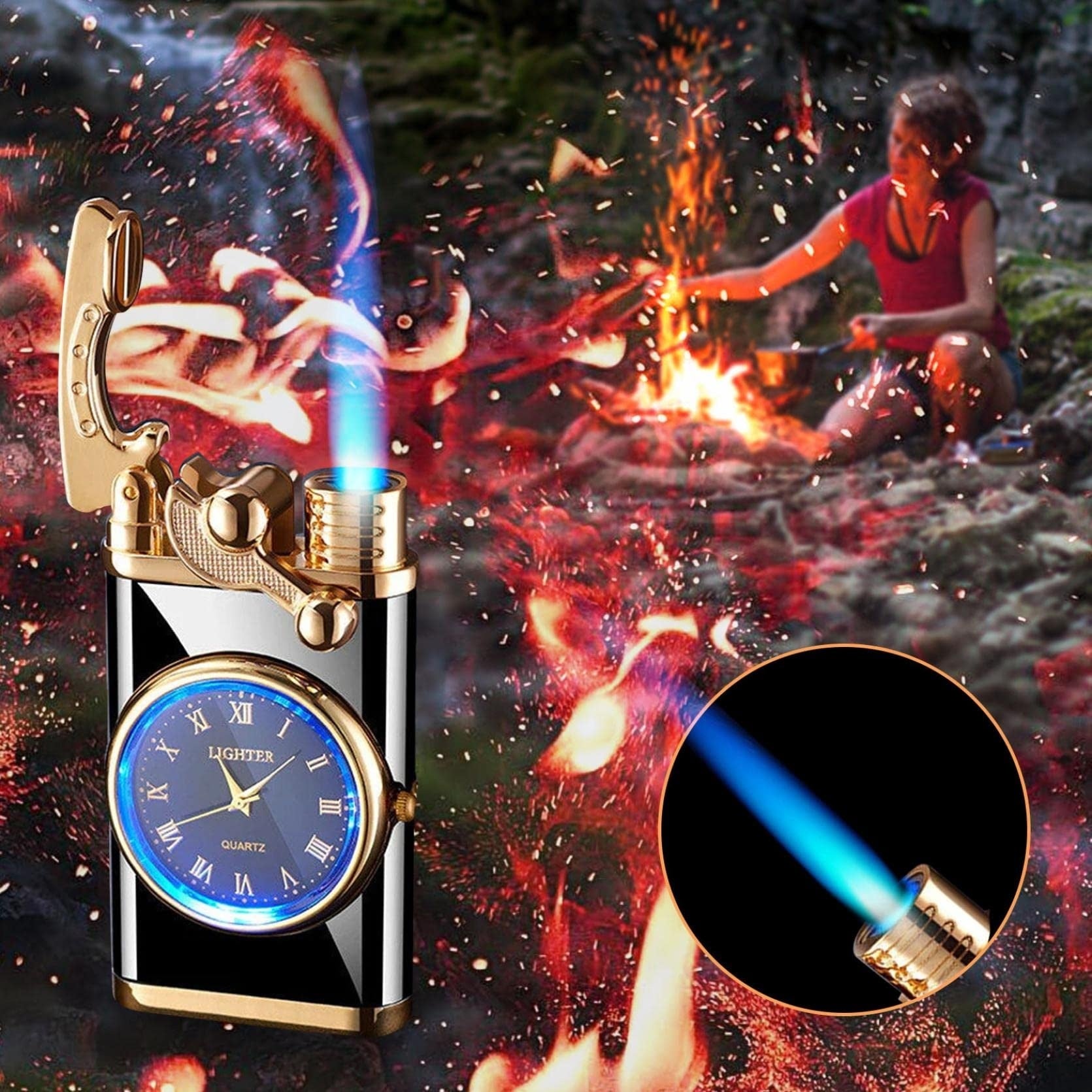 New Lighter With Electric Watch Rocker Arm Automatic Ignition Straight Blue Flame Lighter