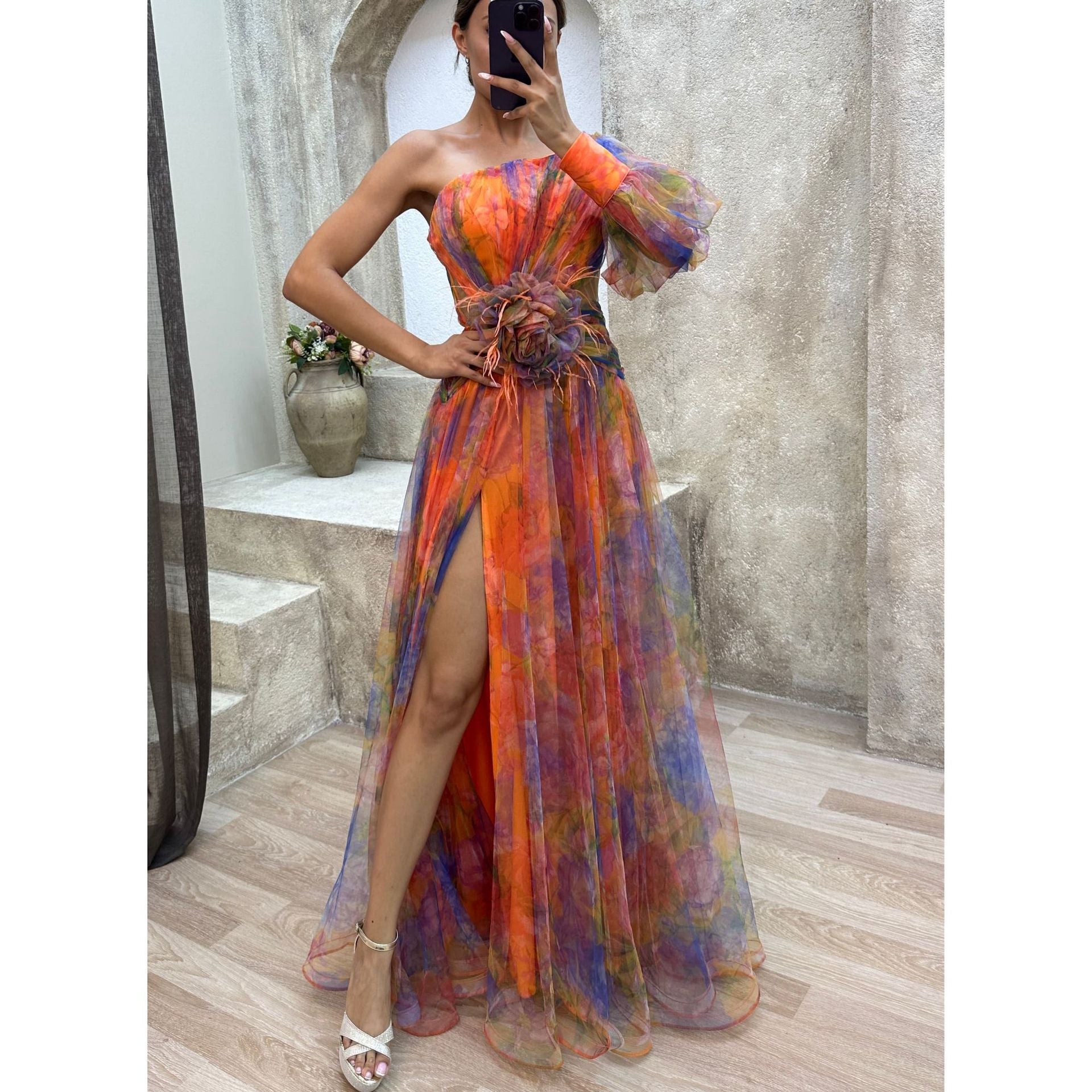 Mesh Tie-dye Printed Off-shoulder Slit Dress Summer Party Womens Clothing Orange