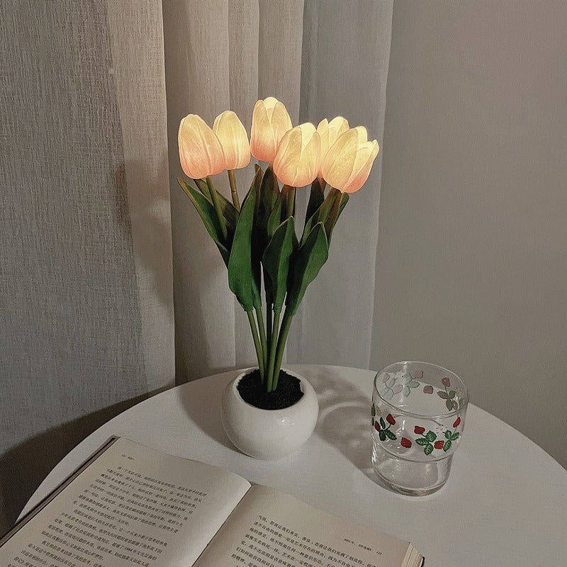 LED Tulip Flower Night Light Artificial Flowerpot Potted Plant Landscape Table Lamp Light pink 6heads Battery
