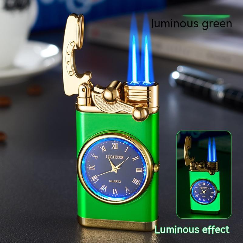 New Lighter With Electric Watch Rocker Arm Automatic Ignition Straight Blue Flame Lighter Luminous green Double flame