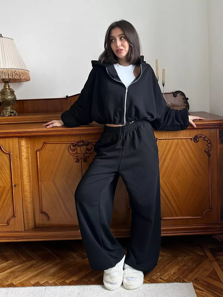 Women's Casual Solid Color Long Sleeve Zipper Sweatshirt Sweatpants Two-piece Set Black