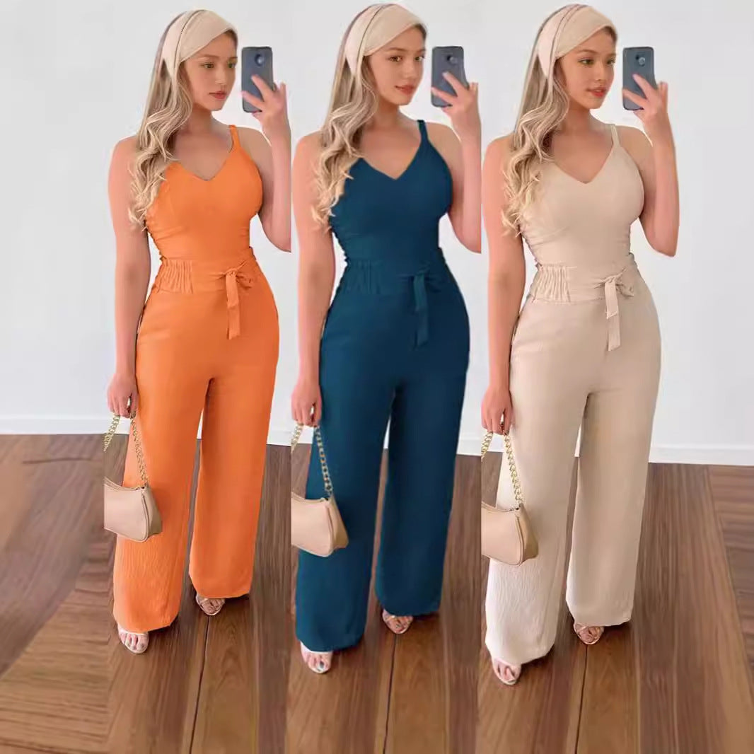 Women's Solid Color Slim Elastic Pleated Two-Piece Suit Sexy V-neck Pants Suit
