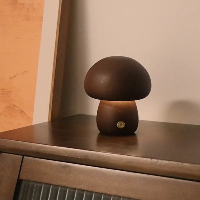 INS Wooden Cute Mushroom LED Night Light With Touch Switch D Walnut color 2.4W