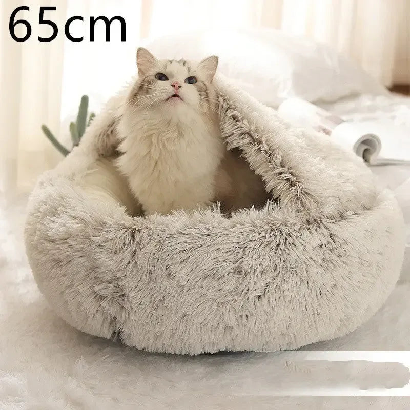 2 In 1 Dog And Cat Bed Pet Winter Bed Round Plush Warm Bed Brown 65cm