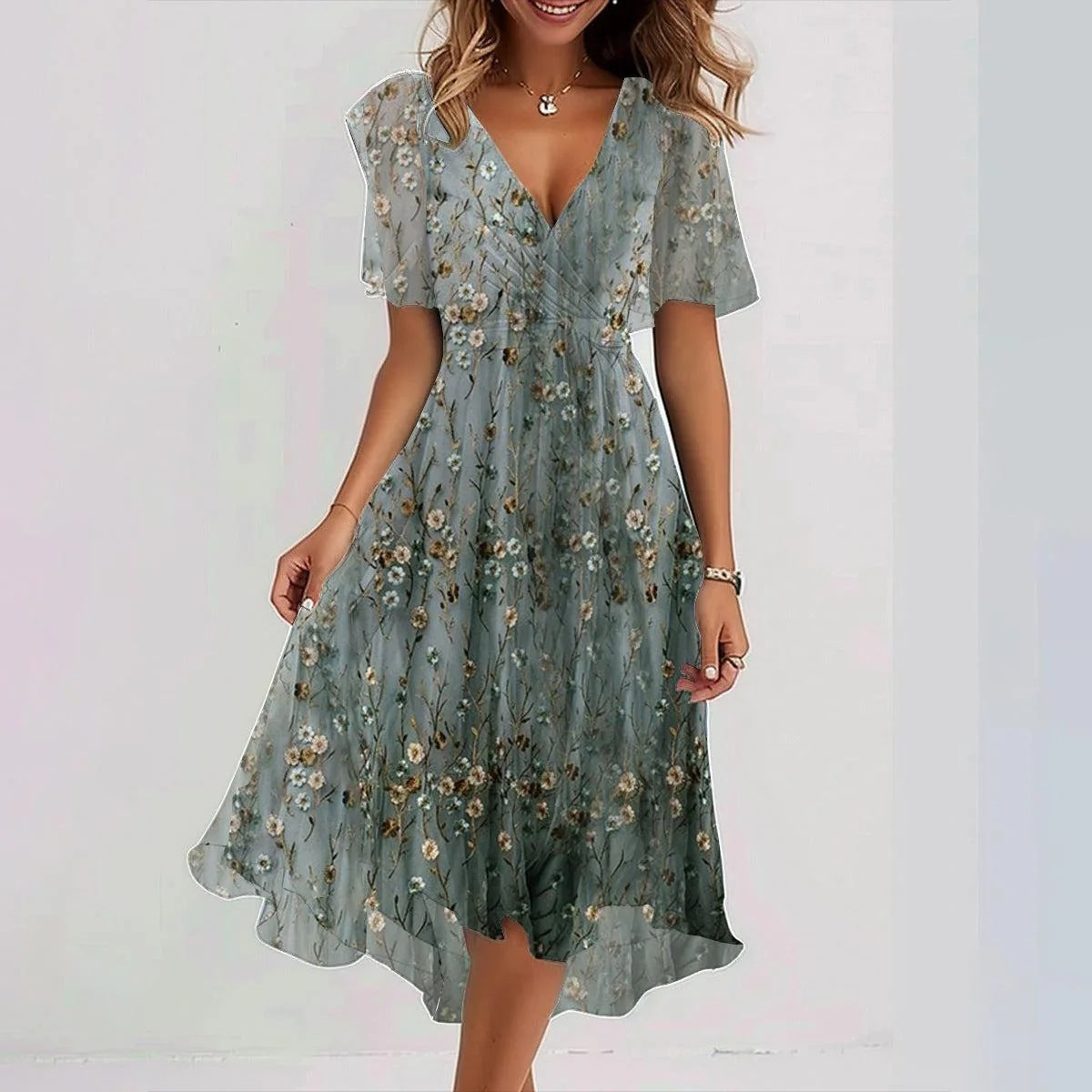 Chiffon Printed Short Sleeve Dress Elegant V-neck Dresses Gradient dark green