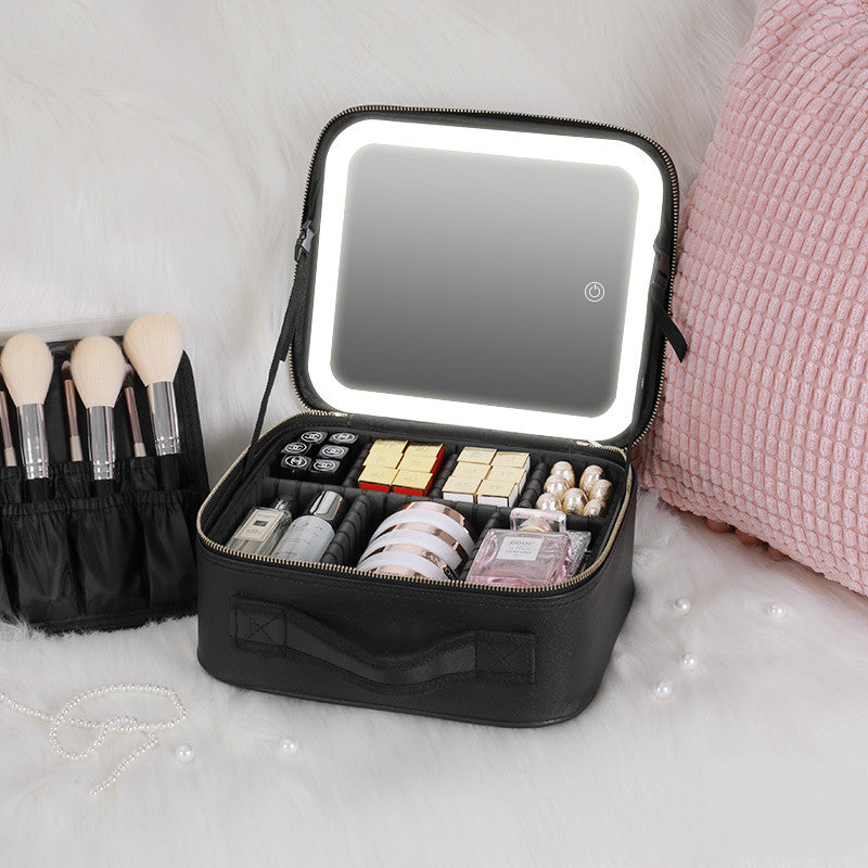 Smart LED Cosmetic Case With Mirror Cosmetic Bag Travel Makeup Bags Black 12inches USB