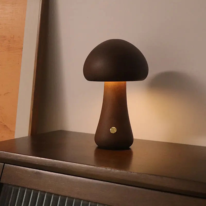 INS Wooden Cute Mushroom LED Night Light With Touch Switch A Walnut color 2.4W