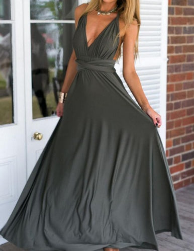 Women's Sexy Long Party Dress Club Floor-Length Summer Backless Bandage Maxi Dress Gray