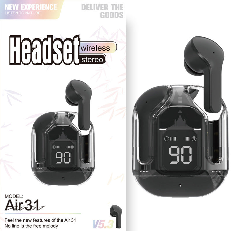 New Mini Transparent Wireless Bluetooth Headset Digital Display ENC Noise Reduction True Wireless Sports Music Black Extra Long Range