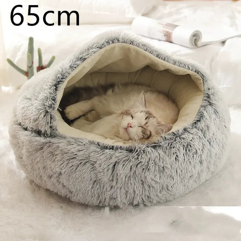 2 In 1 Dog And Cat Bed Pet Winter Bed Round Plush Warm Bed Grey 65cm
