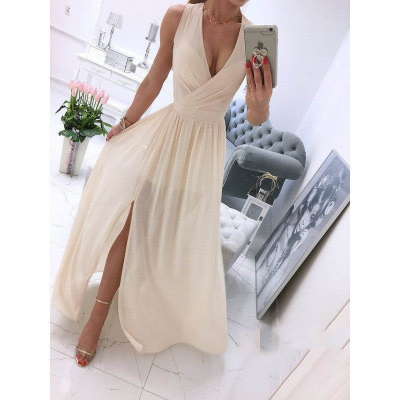 Women's Summer Sleeveless And Ankle Skirt Solid Color V-neck Front Split Long Dress Apricot
