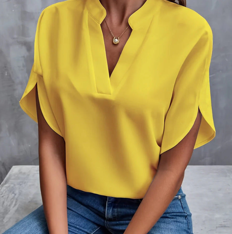 Summer Short-sleeved Chiffon Shirt New V-neck Shirt Women's Casual Versatile Clothing Yellow