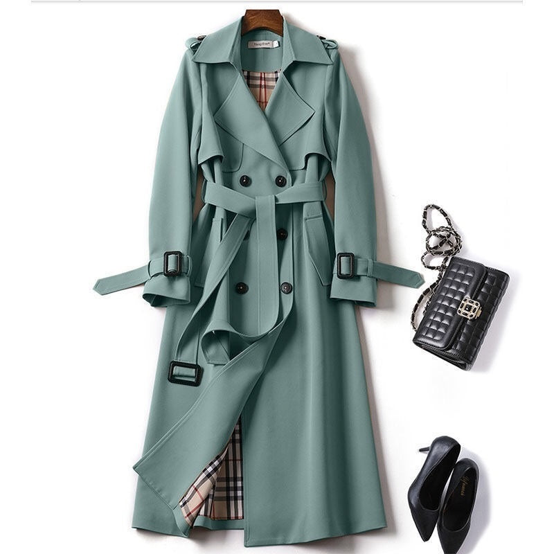 Double-breasted Mid-length Tie Trench Coat Green