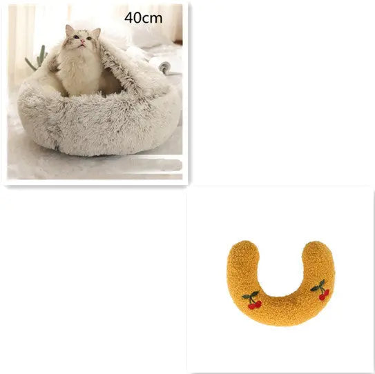 2 In 1 Dog And Cat Bed Pet Winter Bed Round Plush Warm Bed Brown 40cm setA