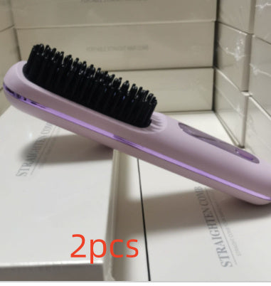 Straight Hair Comb Wireless Hair Straightener Brush Hair Fast Heating Portable Hot Curler USB Charging LCD taro purple 2pcs