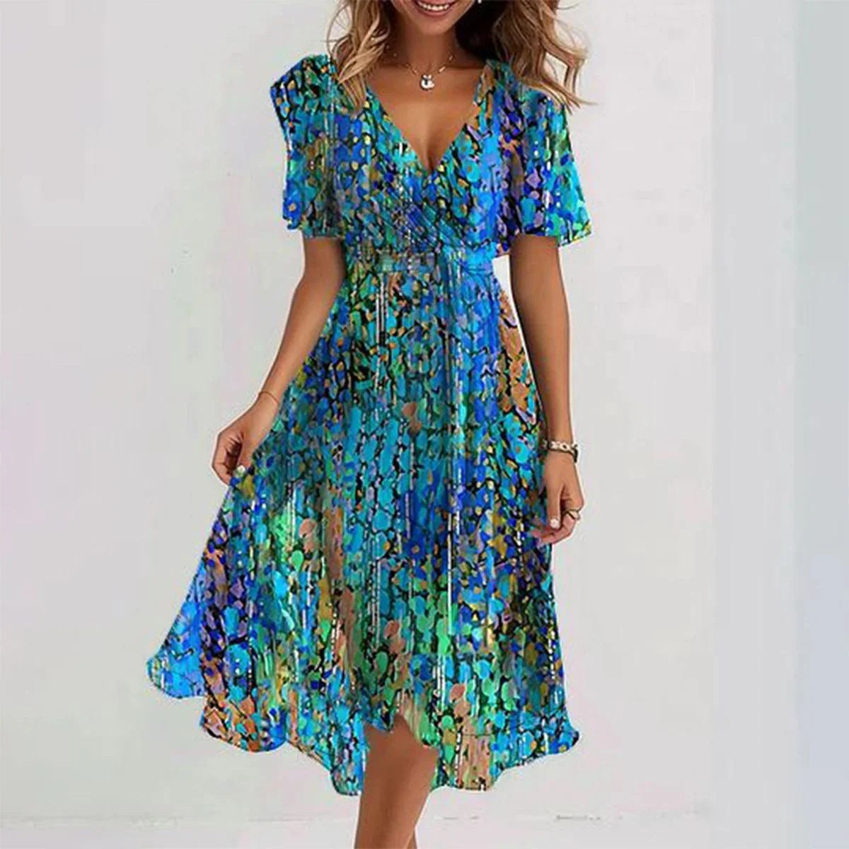 Chiffon Printed Short Sleeve Dress Elegant V-neck Dresses Blue