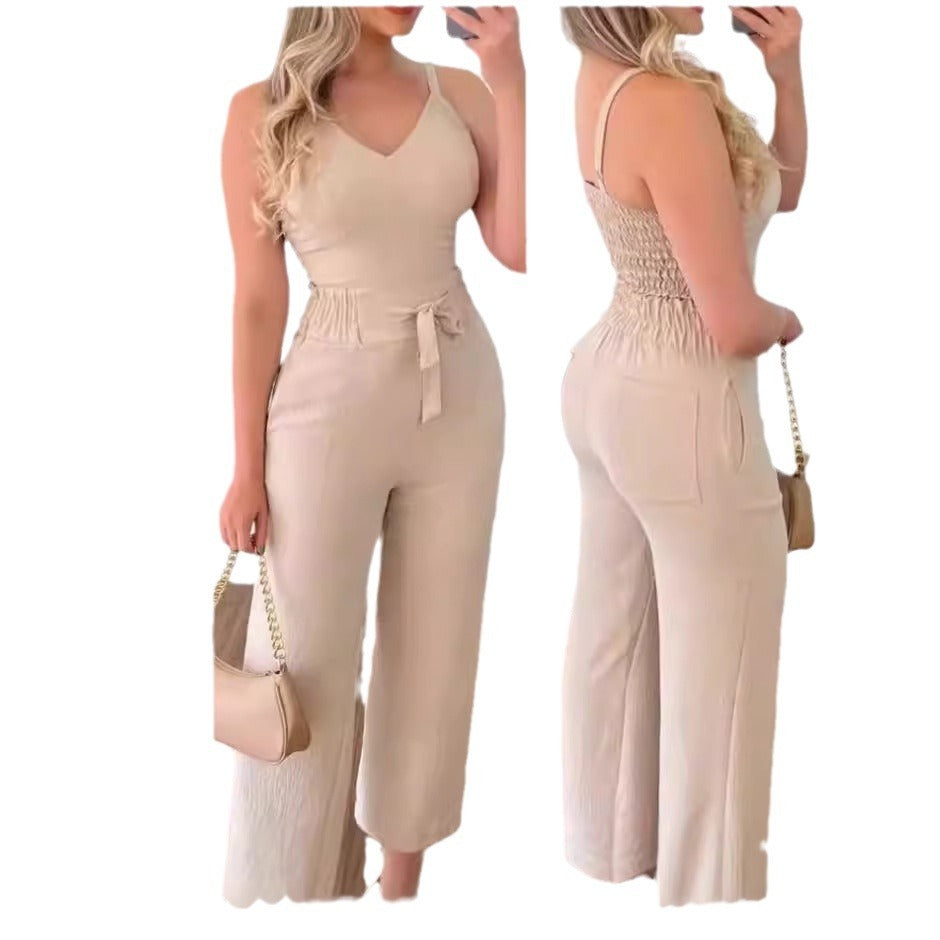 Women's Solid Color Slim Elastic Pleated Two-Piece Suit Sexy V-neck Pants Suit