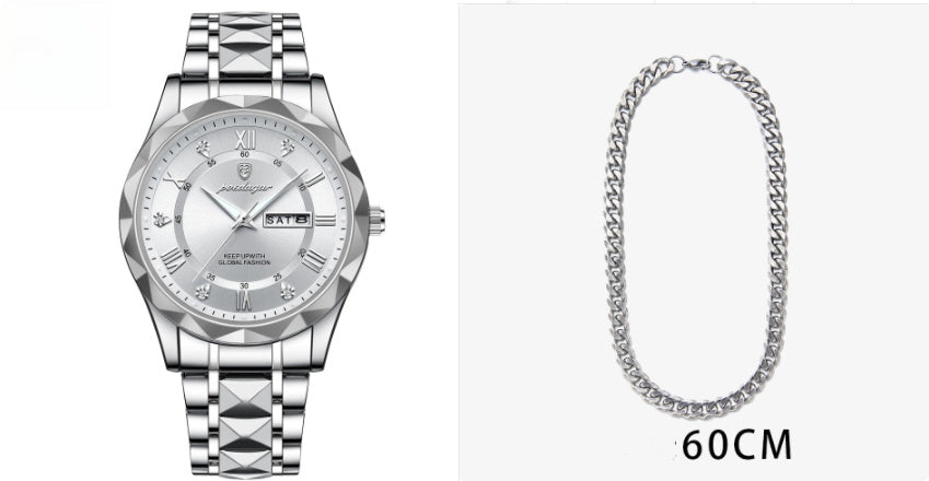 Men's Waterproof Double Calendar Luminous Quartz Watch 7style With Necklace