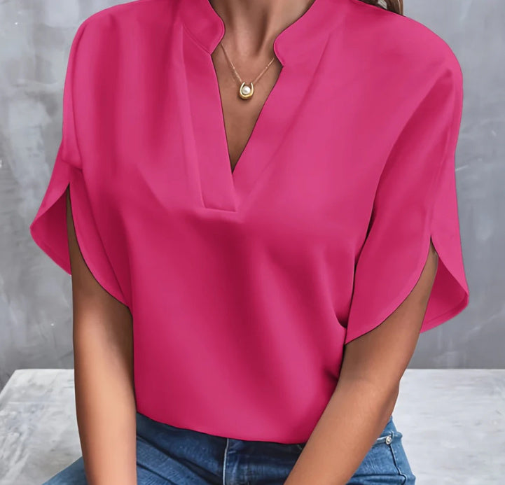 Summer Short-sleeved Chiffon Shirt New V-neck Shirt Women's Casual Versatile Clothing Rose Red