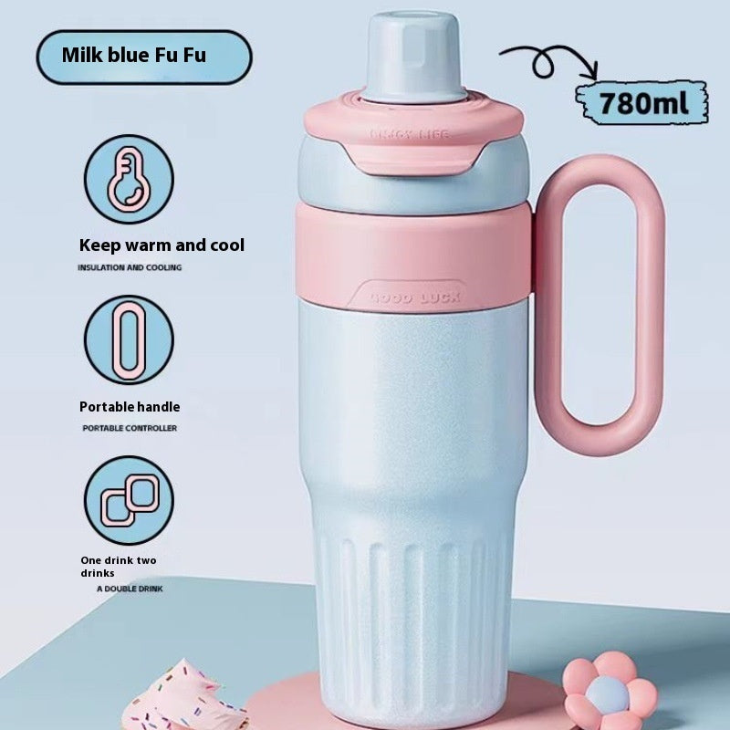 780ml Gradient Double Drink Thermal Cup Stainless Steel With Straw Cup Blue 780ml