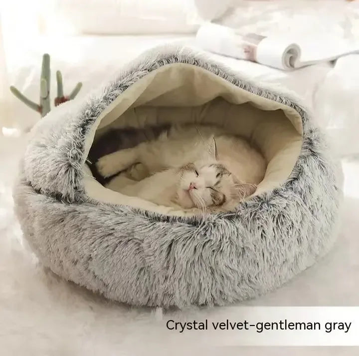 2 In 1 Dog And Cat Bed Pet Winter Bed Round Plush Warm Bed Grey short plush