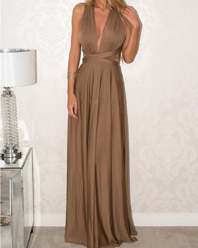 Women's Sexy Long Party Dress Club Floor-Length Summer Backless Bandage Maxi Dress Brown