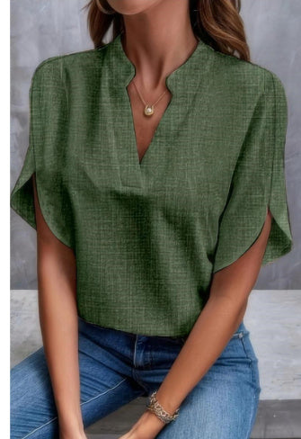Summer Short-sleeved Chiffon Shirt New V-neck Shirt Women's Casual Versatile Clothing Army Green