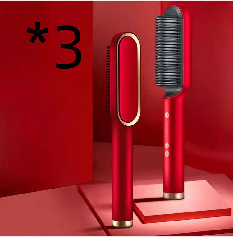 New 2 In 1 Hair Straightener Hot Comb Negative Ion Curling Electric Hair Brush 3pcs Red US Opp pack