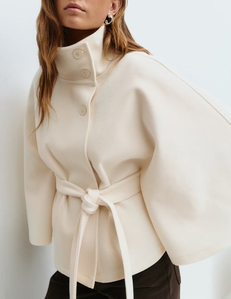 Winter High Neck Batwing Sleeve Coat With Belt Fashion Loose Elegant Button Coat For Women Clothing White
