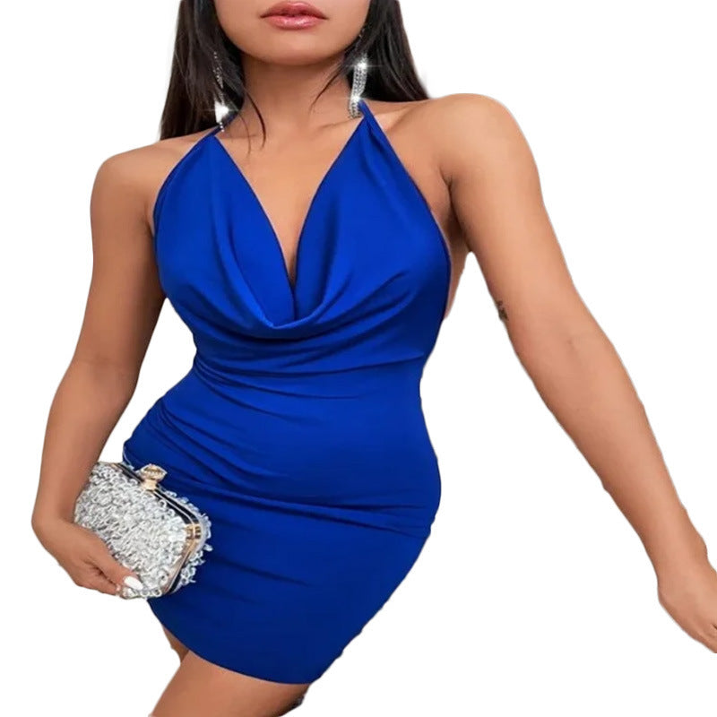 Summer Deep V-neck Dress Blue
