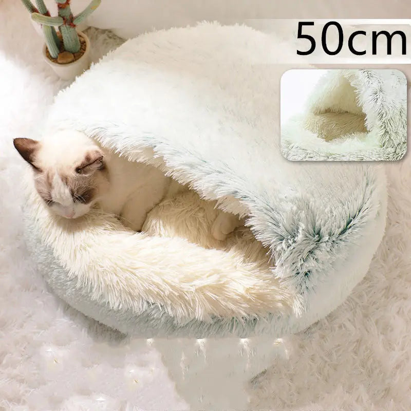 2 In 1 Dog And Cat Bed Pet Winter Bed Round Plush Warm Bed Hair Olive green 50cm