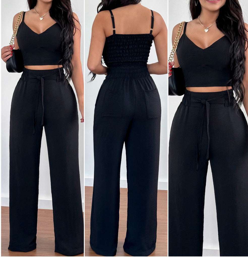 Women's Solid Color Slim Elastic Pleated Two-Piece Suit Sexy V-neck Pants Suit Black