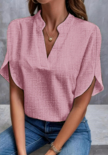 Summer Short-sleeved Chiffon Shirt New V-neck Shirt Women's Casual Versatile Clothing Pink A