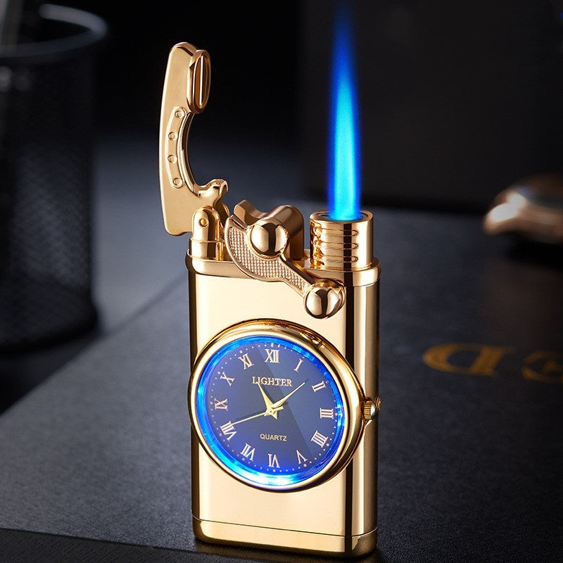 New Lighter With Electric Watch Rocker Arm Automatic Ignition Straight Blue Flame Lighter Gold Single flame