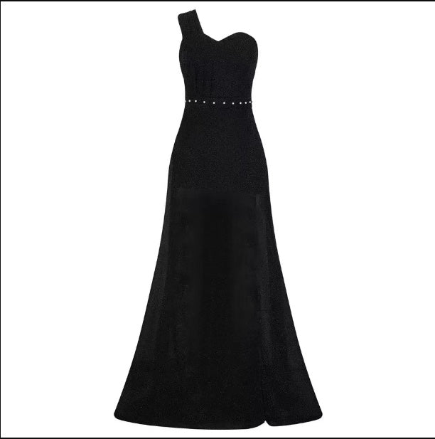 Women's Clothing One-shoulder Sleeveless Bronzing Split Dress Black
