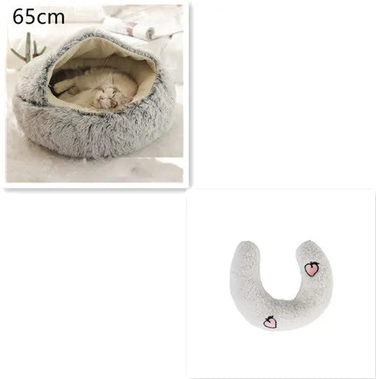 2 In 1 Dog And Cat Bed Pet Winter Bed Round Plush Warm Bed Grey65cm SetB