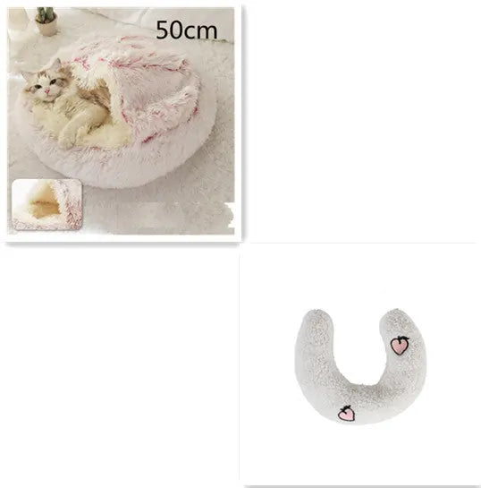 2 In 1 Dog And Cat Bed Pet Winter Bed Round Plush Warm Bed Hair Pink 50cm SetB